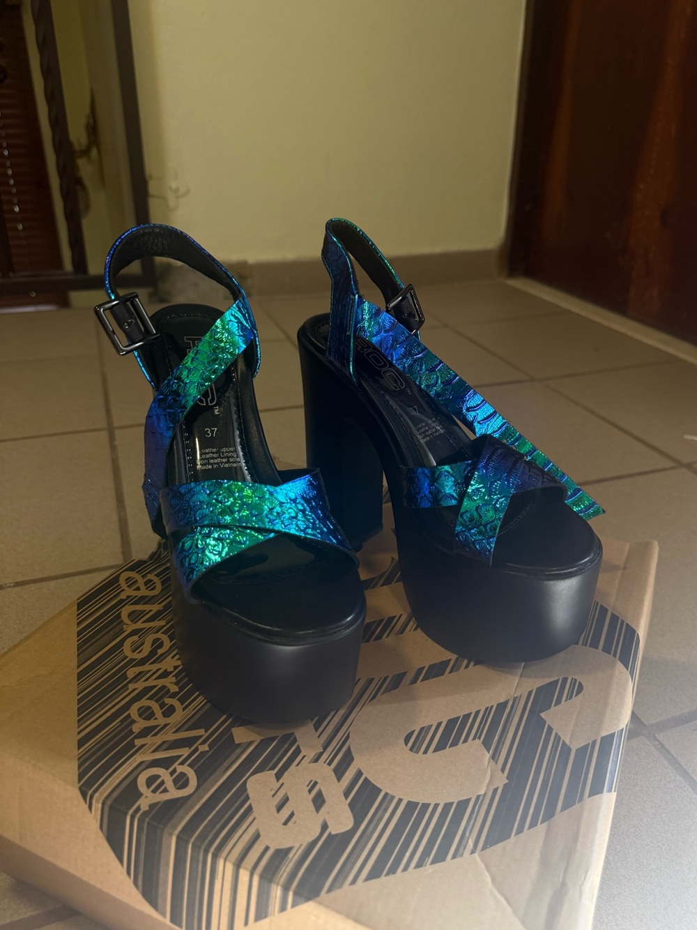 ROC Boots Australia Haunt blue patent leather platform sandals
